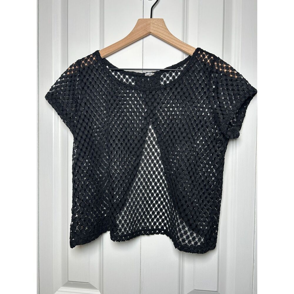 Vintage Y2K Black Open Knit Mesh Crop Top Split Back Short Sleeve